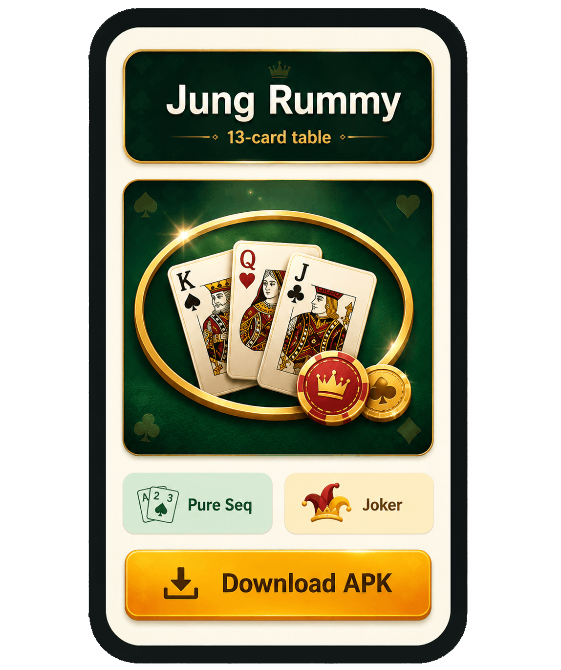 Jung Rummy Android app preview with rummy table and cards