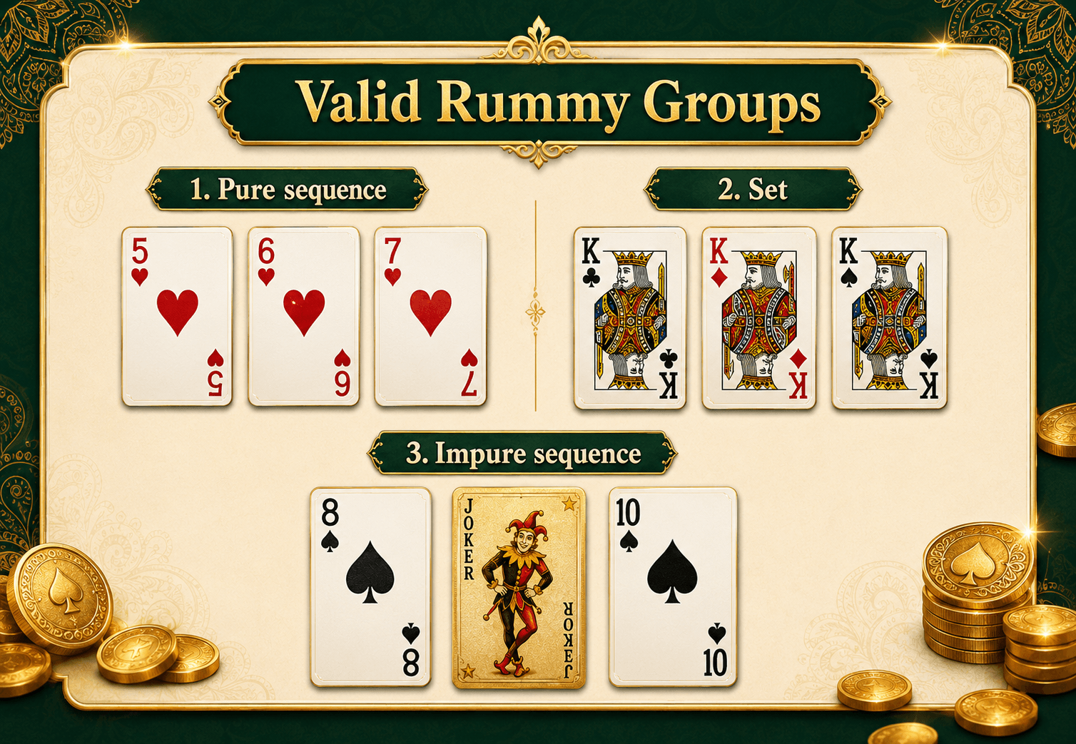 Rummy card combinations showing sequence and set examples